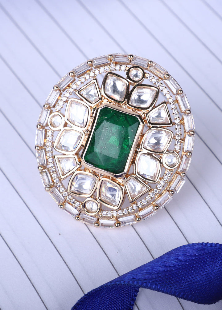White & Green Kundan Adjustable Ring Having Stone Work