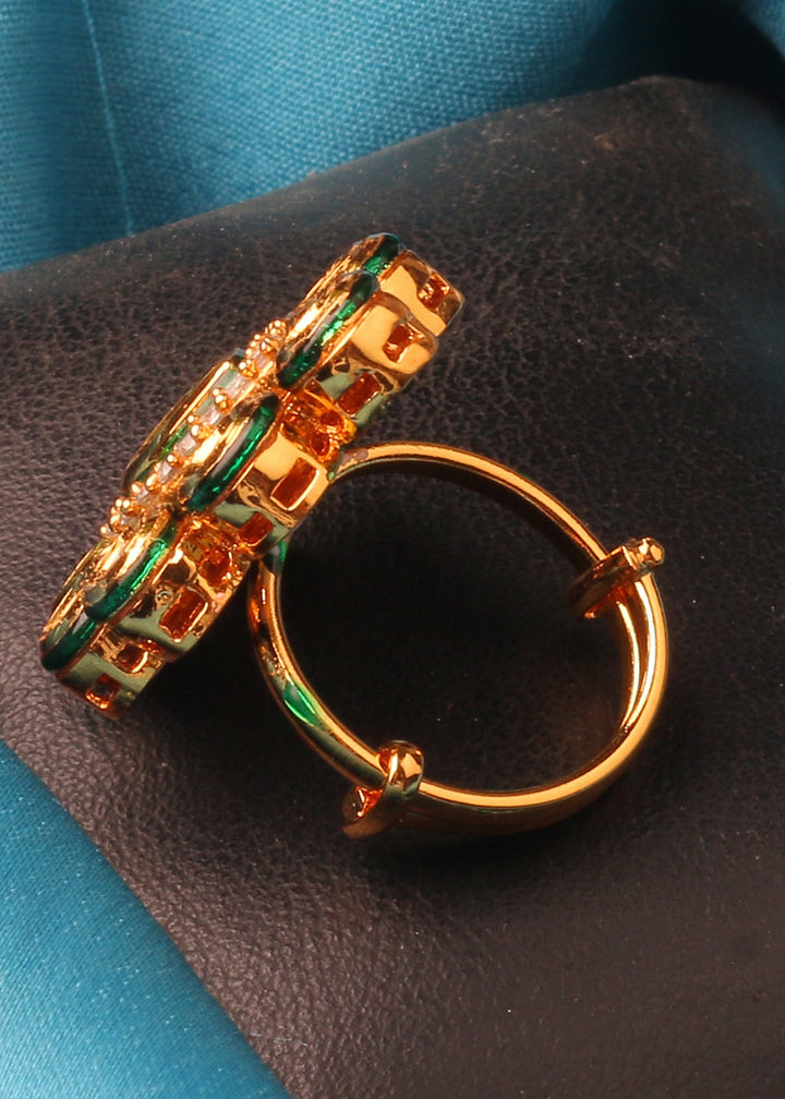 White & Green Kundan Adjustable Ring