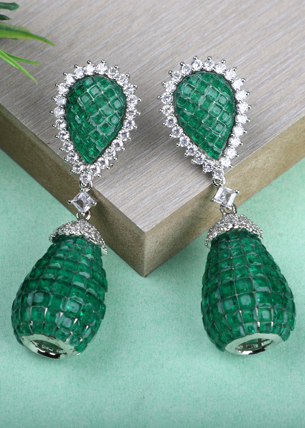 Dark Green Stones & Zircon Work Designer Earrings
