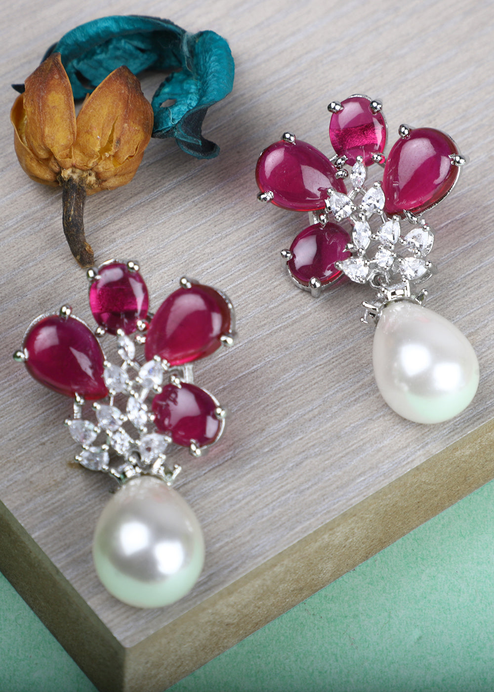 Pink & White Designer Pearl Earrings with Stone work