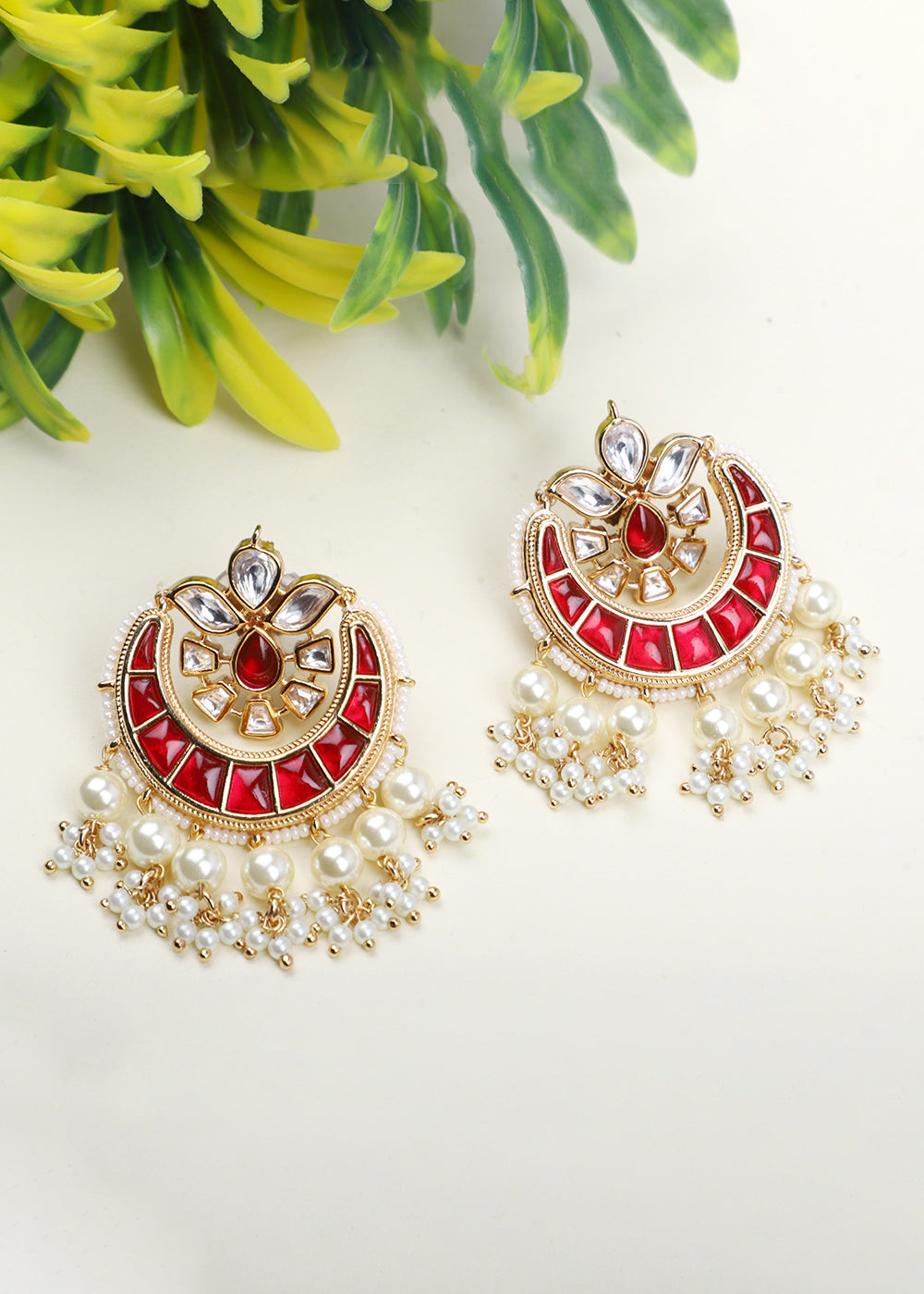 Red & White Kundan Chandbali Earrings with Pearl Work