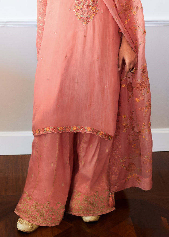 Salmon Pink Designer Woven Viscose Organza Salwar Suit with Embroidery work