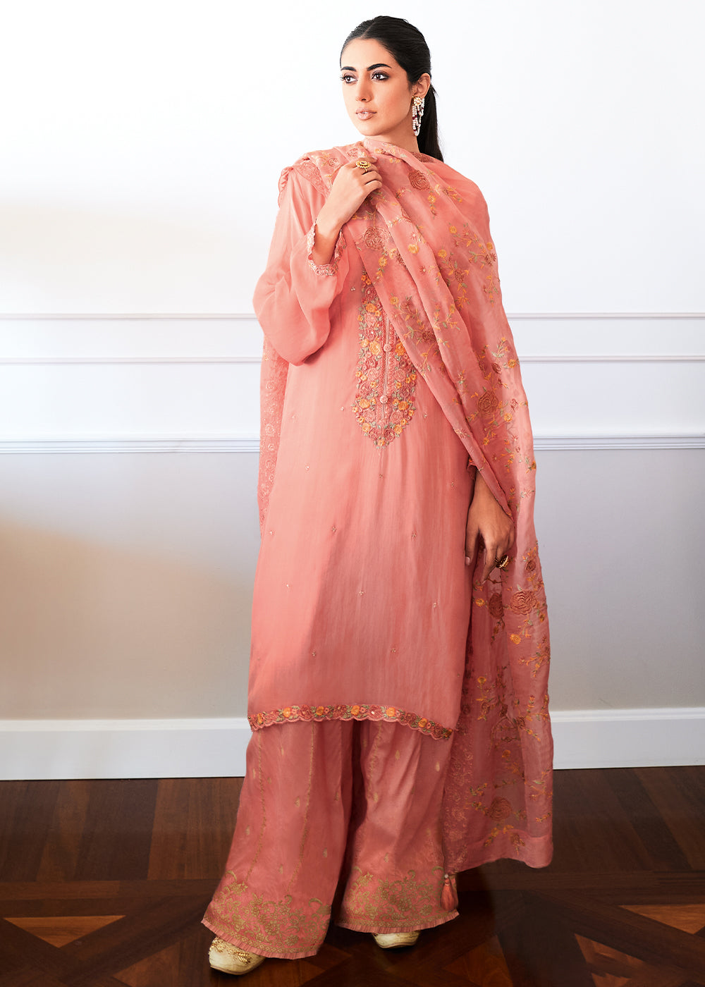 Salmon Pink Designer Woven Viscose Organza Salwar Suit with Embroidery work