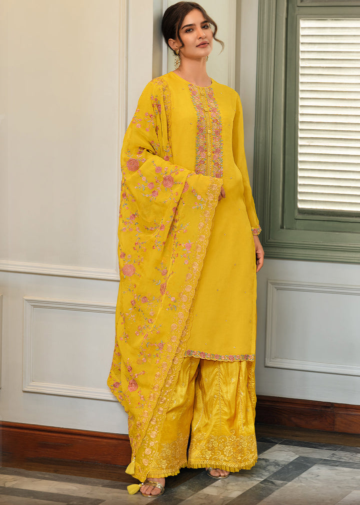 Golden Yellow Designer Woven Viscose Organza Salwar Suit with Embroidery work