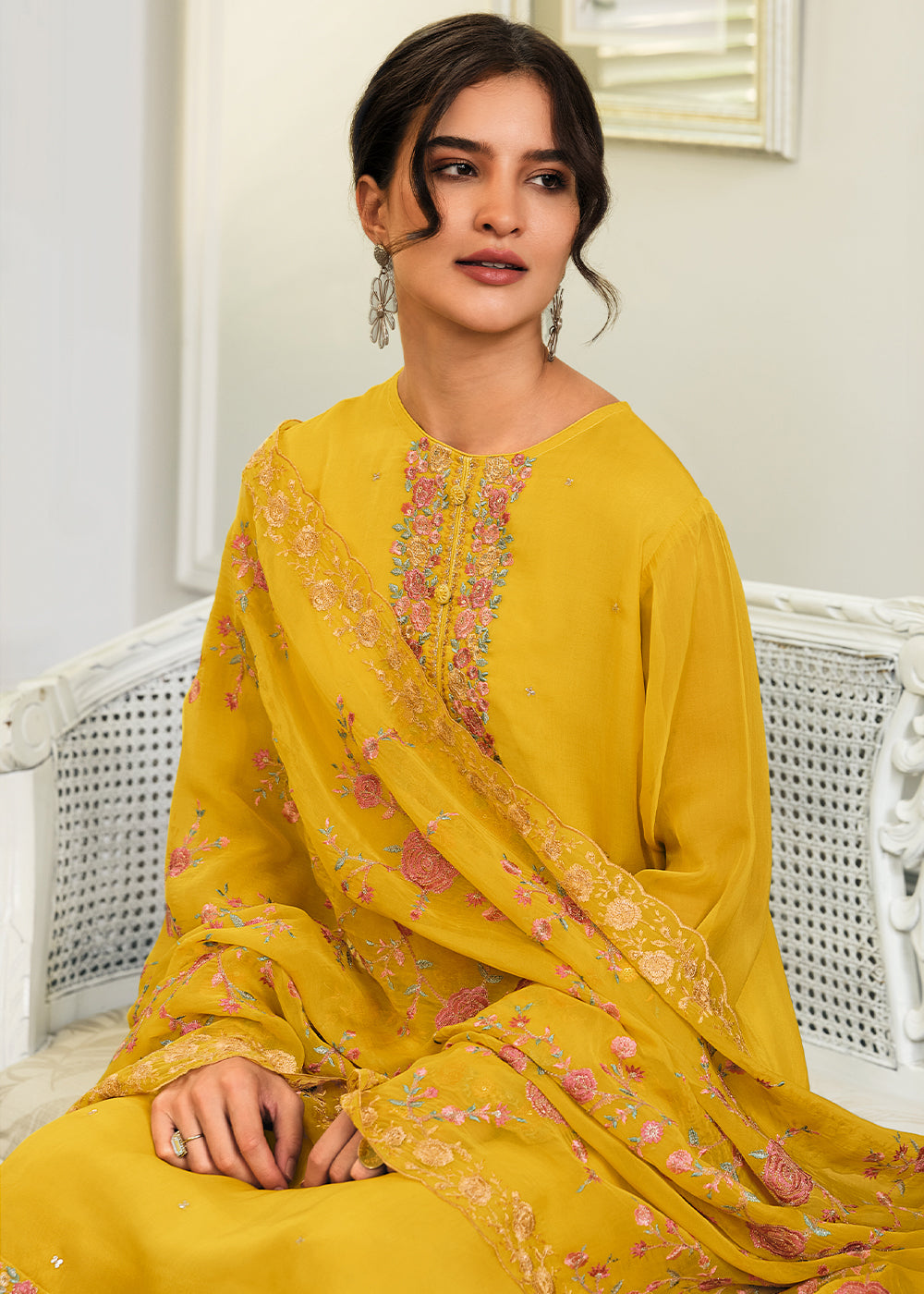 Golden Yellow Designer Woven Viscose Organza Salwar Suit with Embroidery work