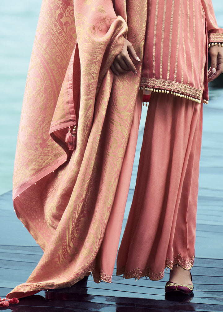 French Pink Gerogette Embroidered Salwar Suit with Banarasi Woven Tissue Dupatta