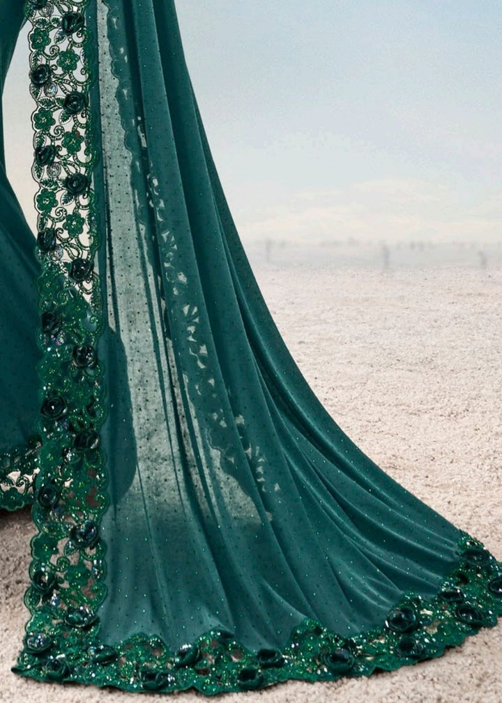 Turquoise Green Georgette Saree with Jari Thread and Diamond work