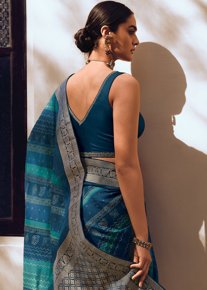 Shades Of Blue Bandhani Printed Woven Viscose Silk Saree