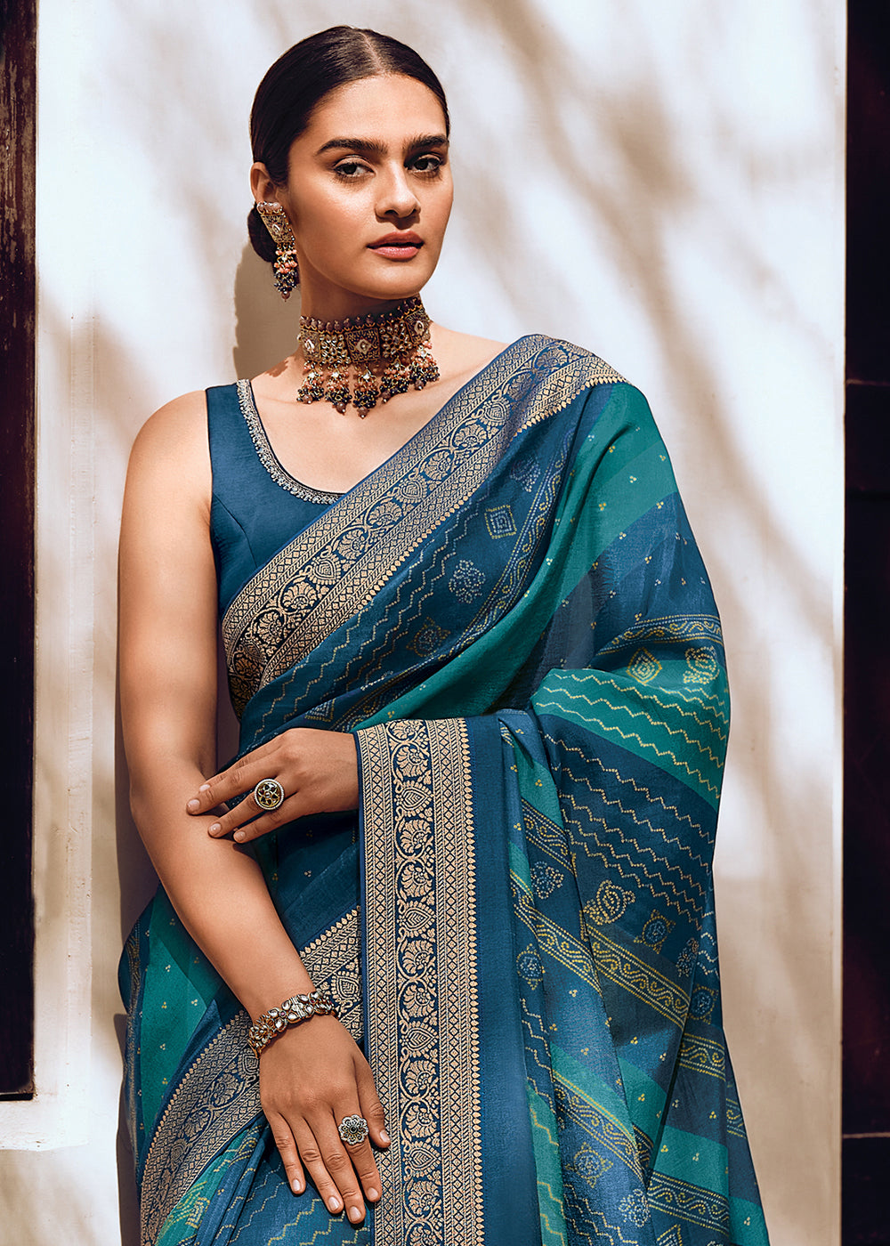 Shades Of Blue Bandhani Printed Woven Viscose Silk Saree
