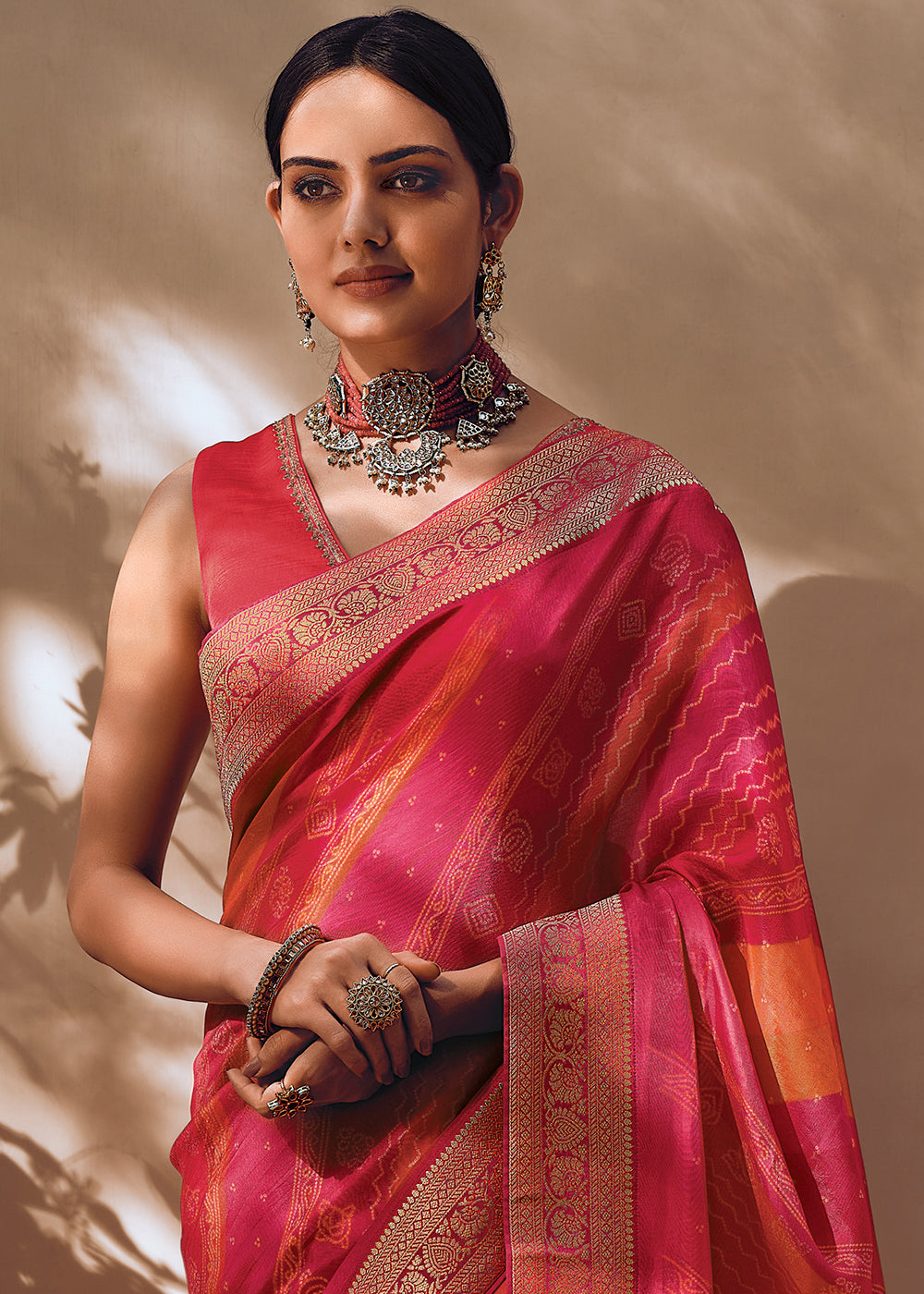 Shades Of Pink Bandhani Printed Woven Viscose Silk Saree