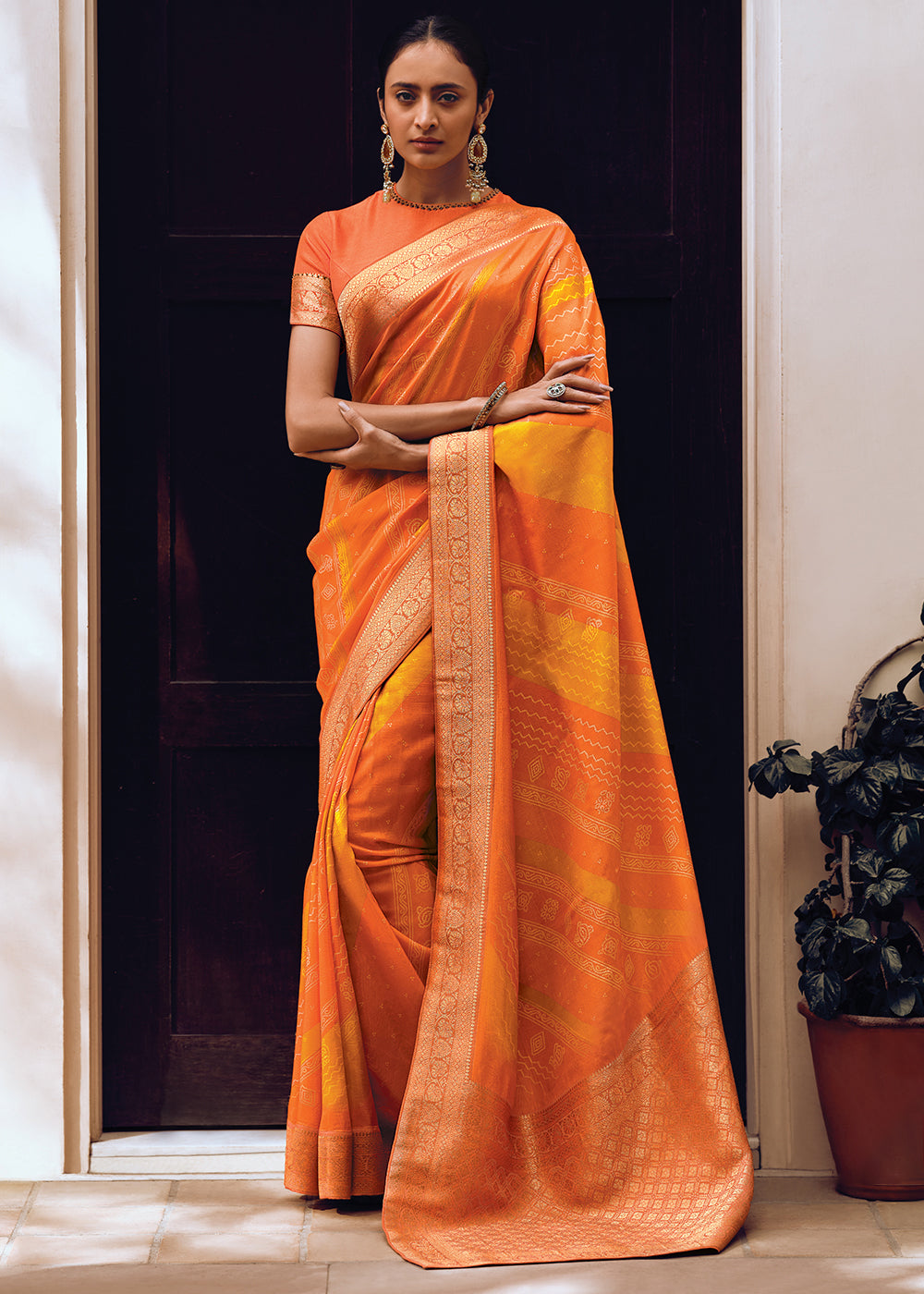 Orange & Yellow Bandhani Printed Woven Viscose Silk Saree
