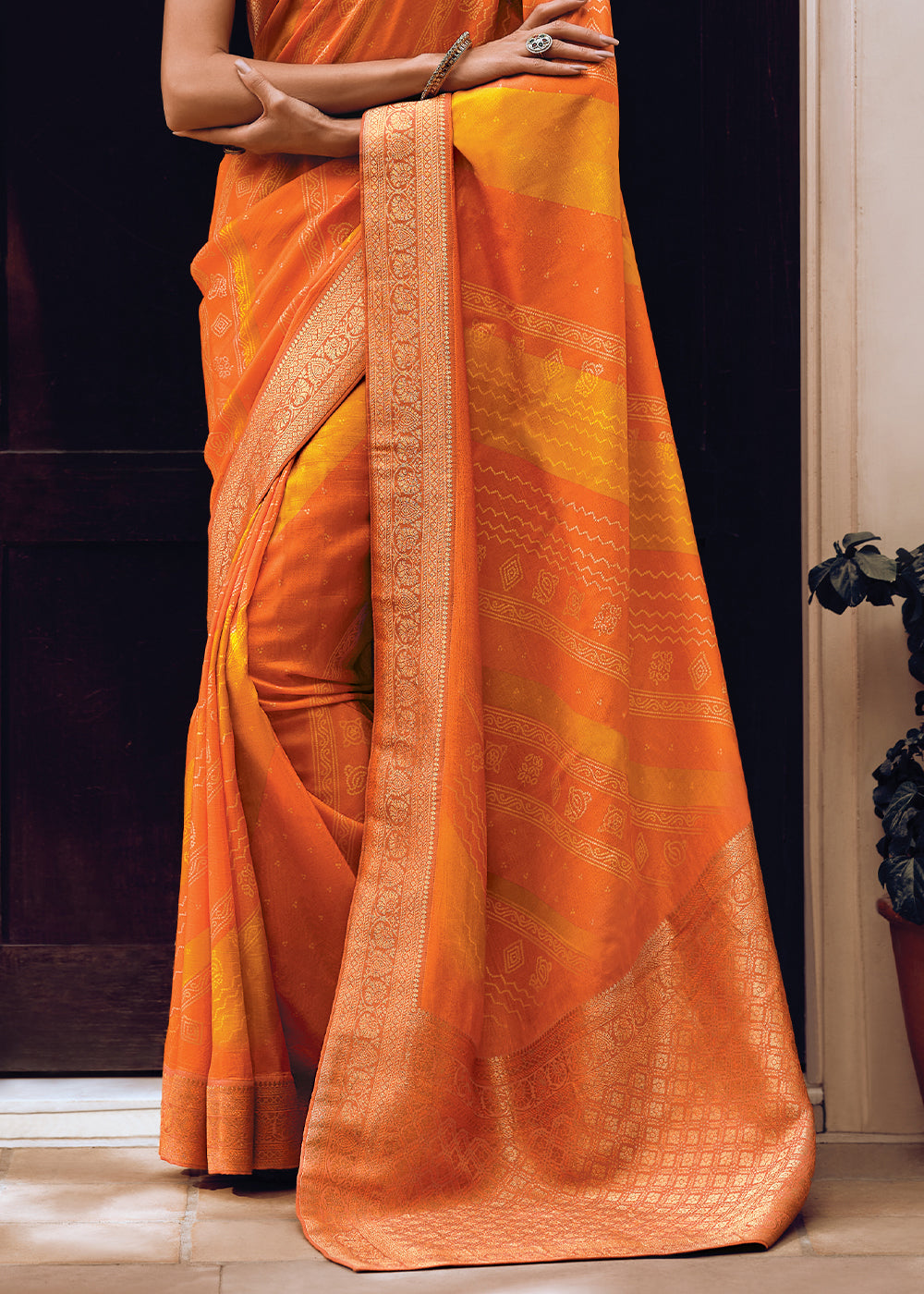 Orange & Yellow Bandhani Printed Woven Viscose Silk Saree