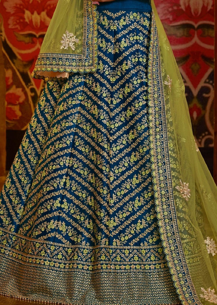 Peacock Blue Raw Silk Lehenga with Thread Embroidery