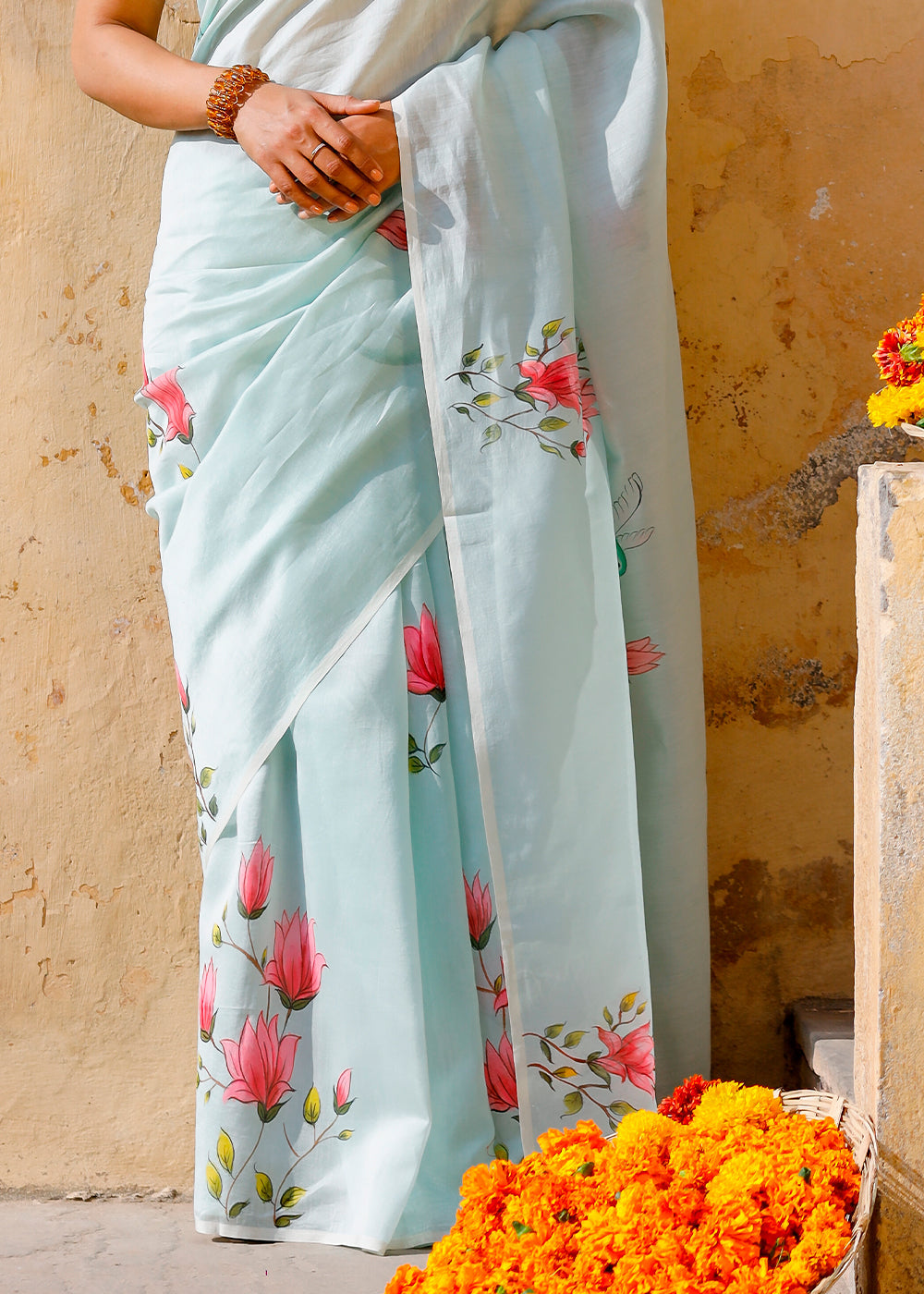 Light Blue Designer Hand Painted Floral Chanderi Cotton Saree