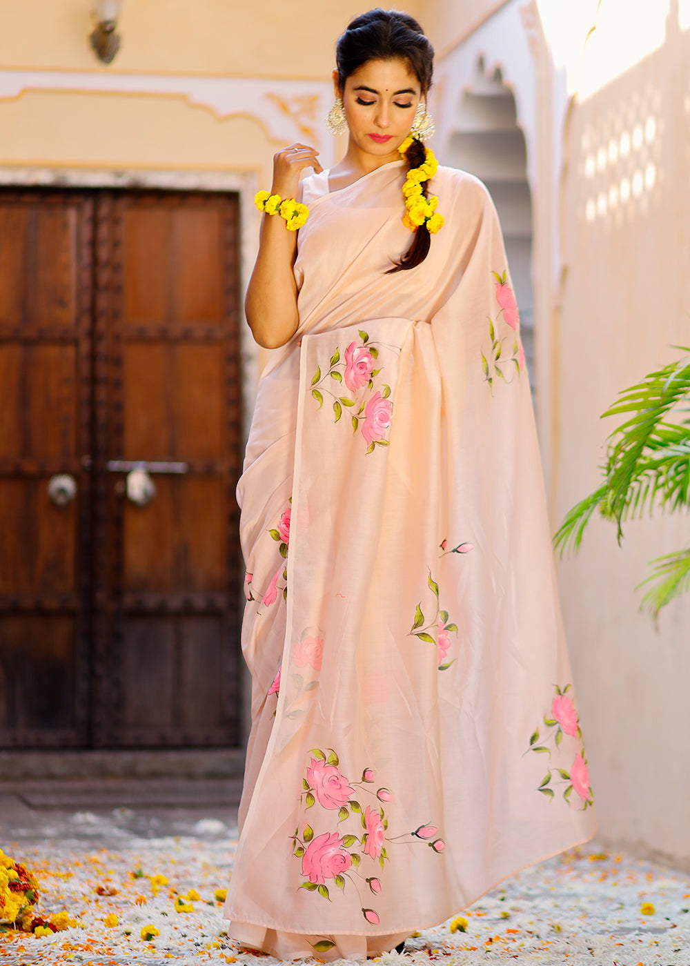 Cream White Designer Hand Painted Floral Chanderi Cotton Saree