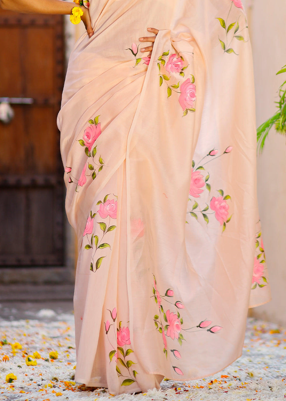 Cream White Designer Hand Painted Floral Chanderi Cotton Saree