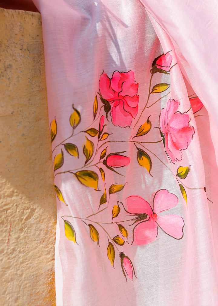 Pastel Pink Designer Hand Painted Floral Cotton Kota Doria Saree