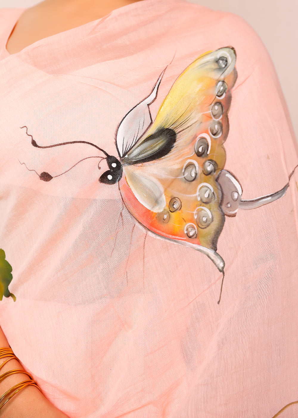 Light Salmon Orange Designer Hand Painted Floral Chanderi Cotton Saree
