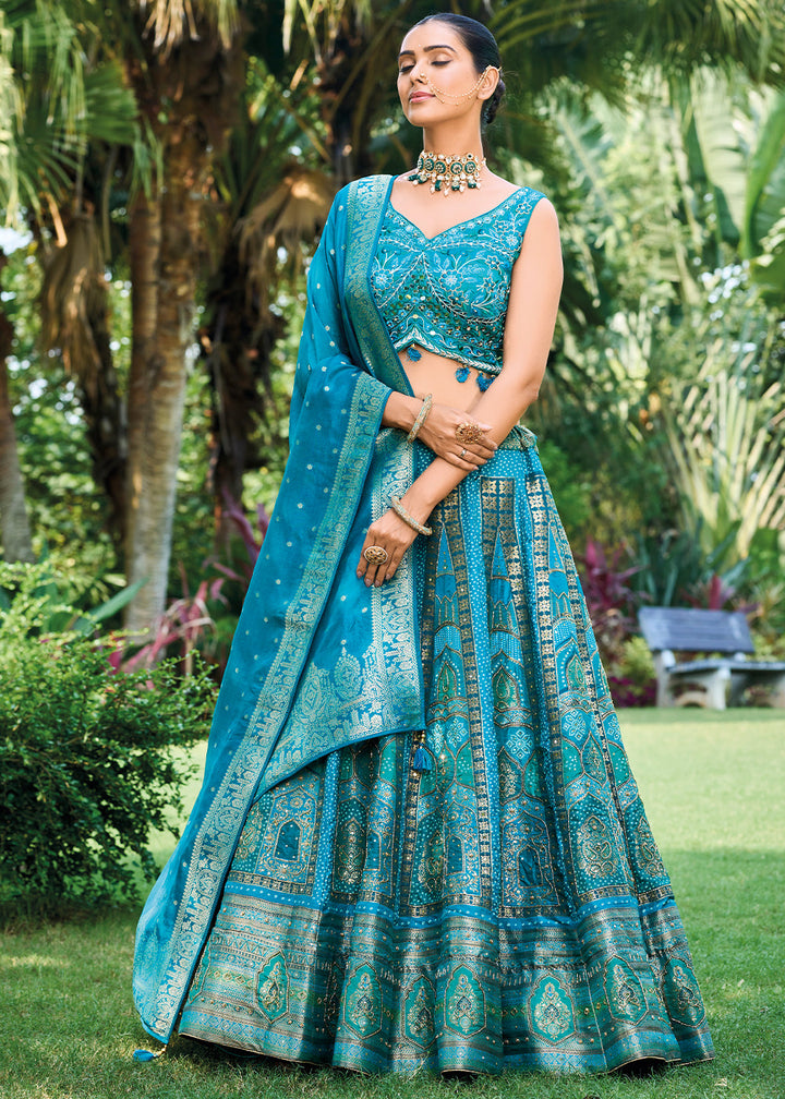 Cerulean Blue Ready to Wear Dola Silk Lehenga Choli with Hand work Embroidery & Khatli Work