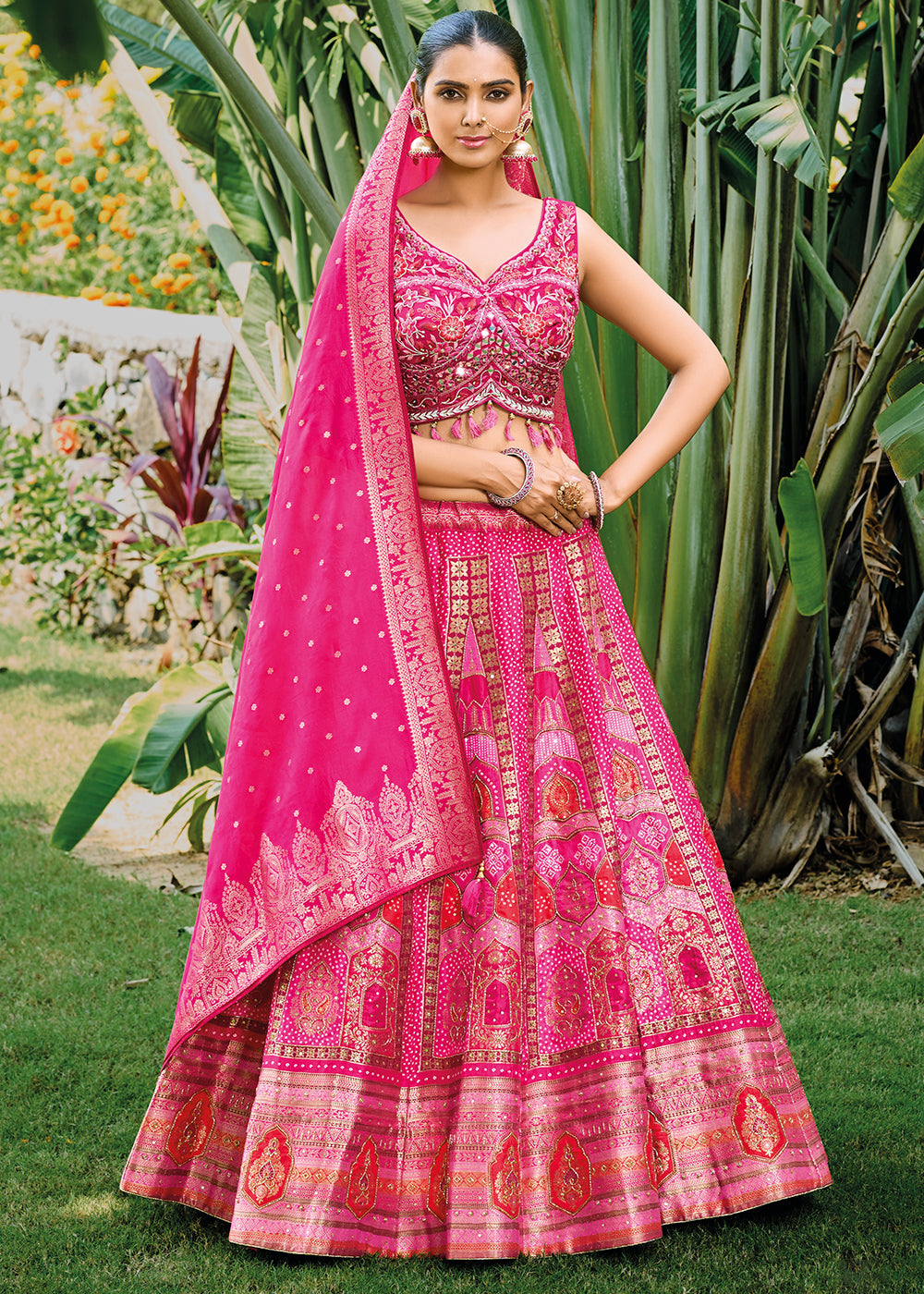 Hot Pink Ready to Wear Dola Silk Lehenga Choli with Hand work Embroidery & Khatli Work