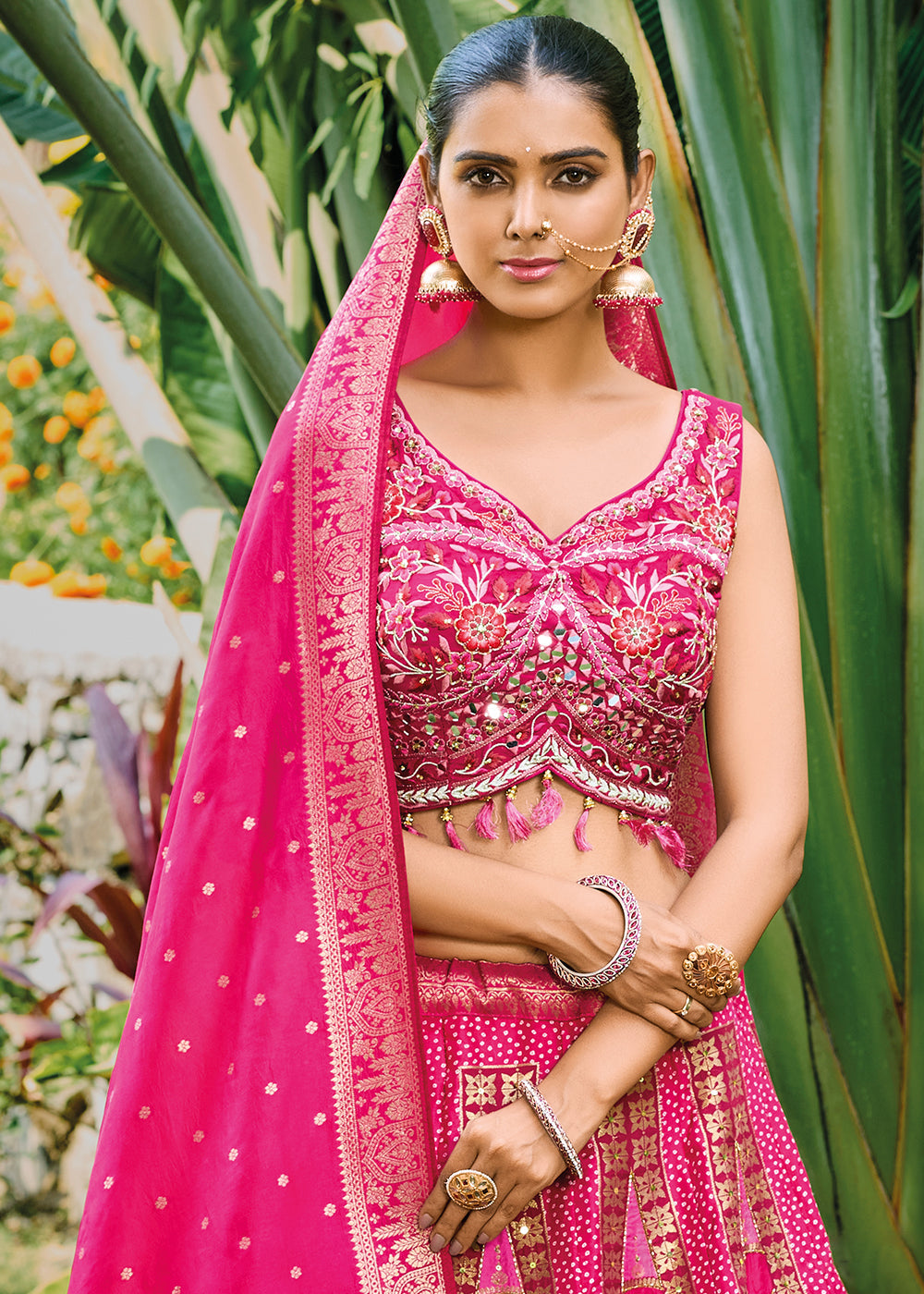Hot Pink Ready to Wear Dola Silk Lehenga Choli with Hand work Embroidery & Khatli Work: Top Pick
