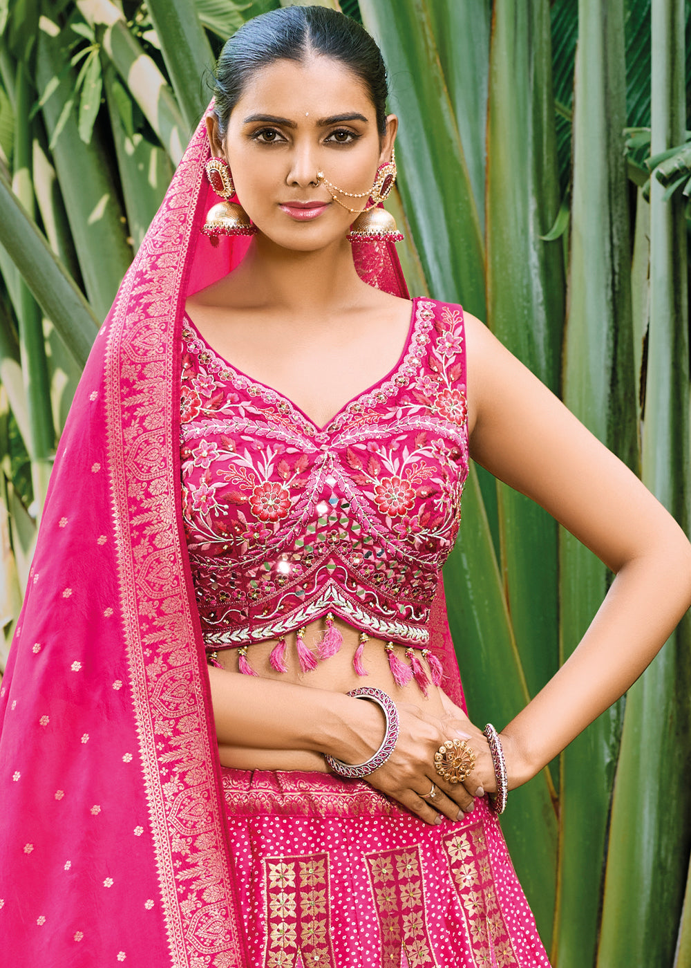 Hot Pink Ready to Wear Dola Silk Lehenga Choli with Hand work Embroidery & Khatli Work: Top Pick