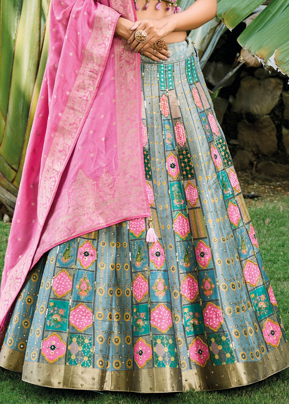 Pink & Blue Ready to Wear Dola Silk Lehenga Choli with Hand work Embroidery & Khatli Work