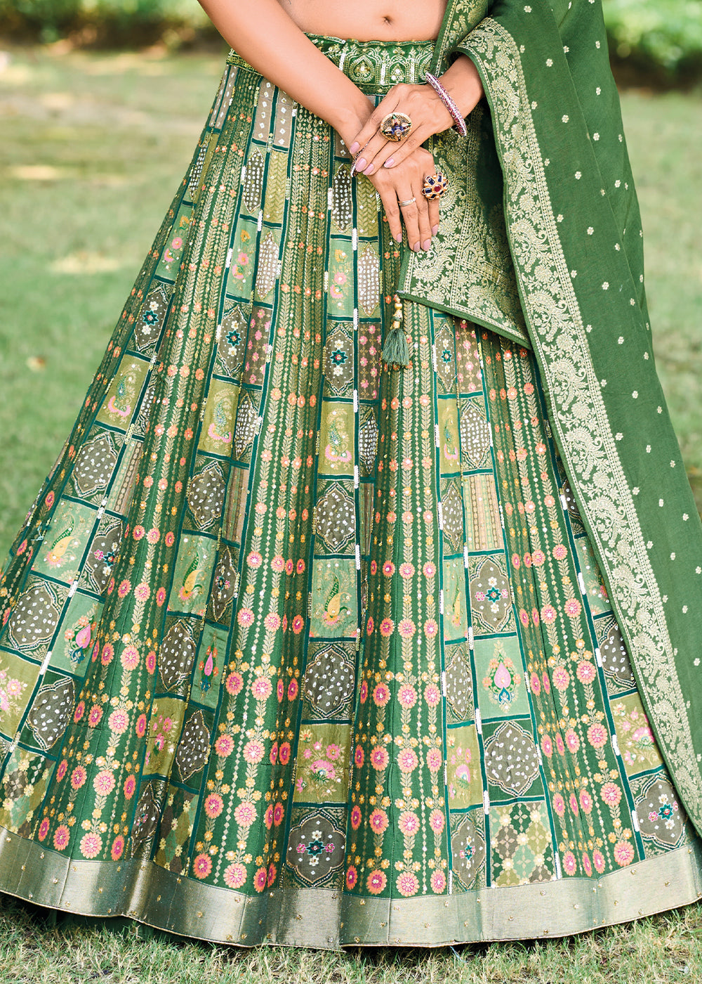 Shades Of Green Ready to Wear Dola Silk Lehenga Choli with Hand work Embroidery & Khatli Work
