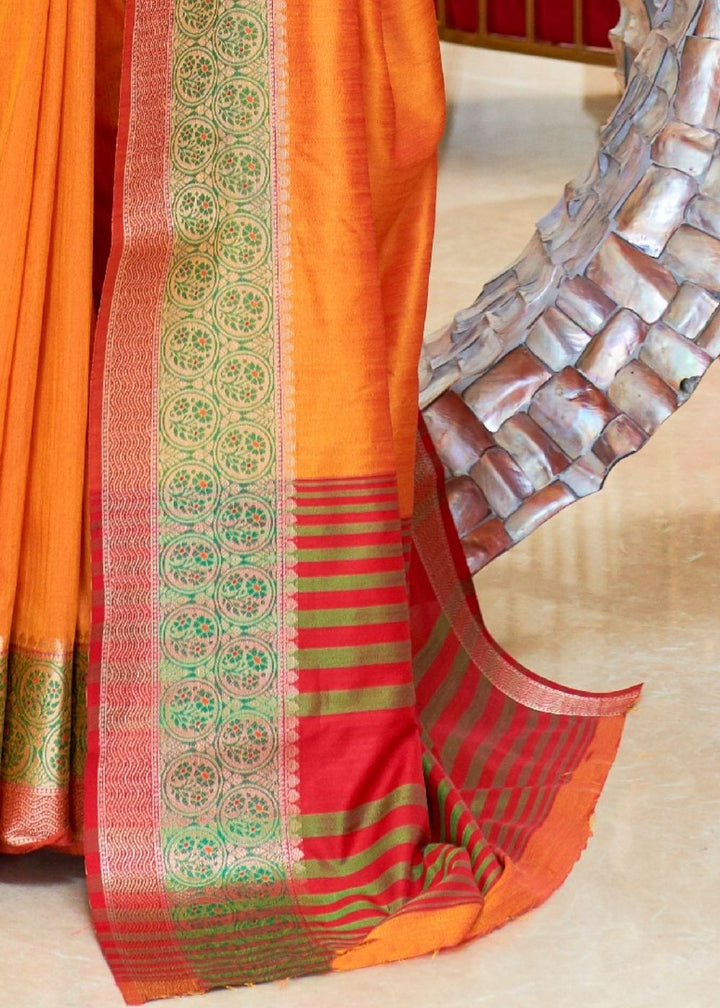 Bright Orange Handloom Woven Silk Saree