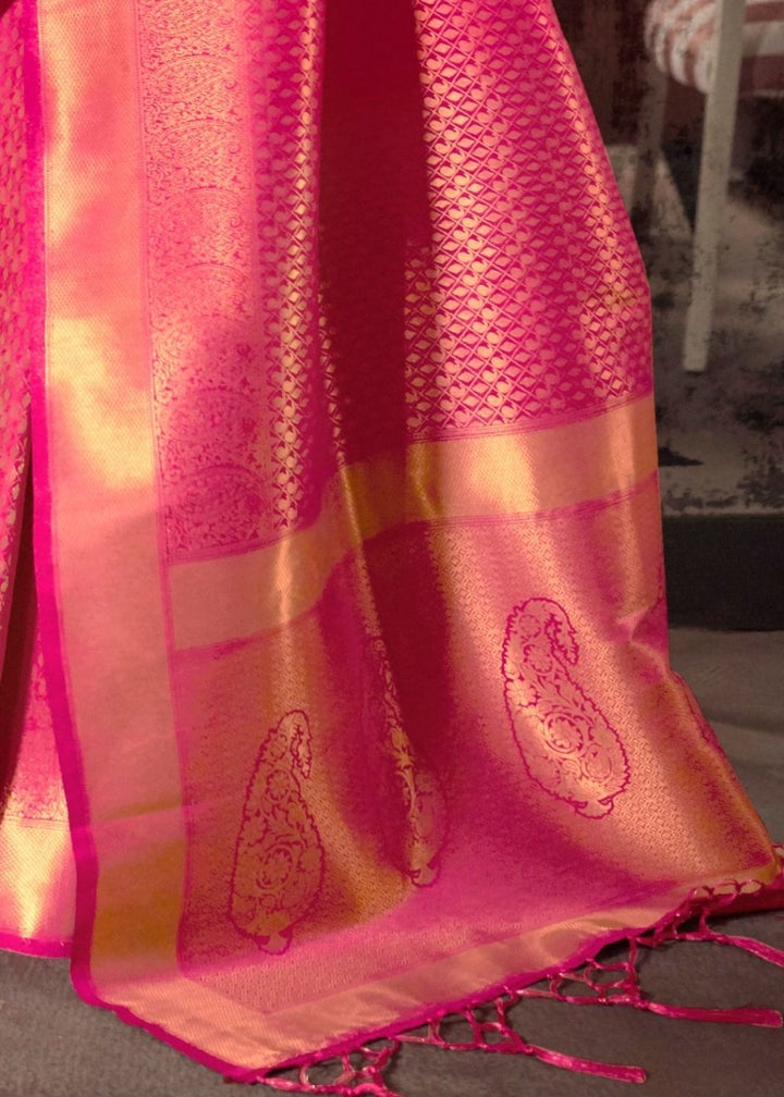 Hot Pink and Golden Blend Kanjivaram Soft Woven Silk Saree