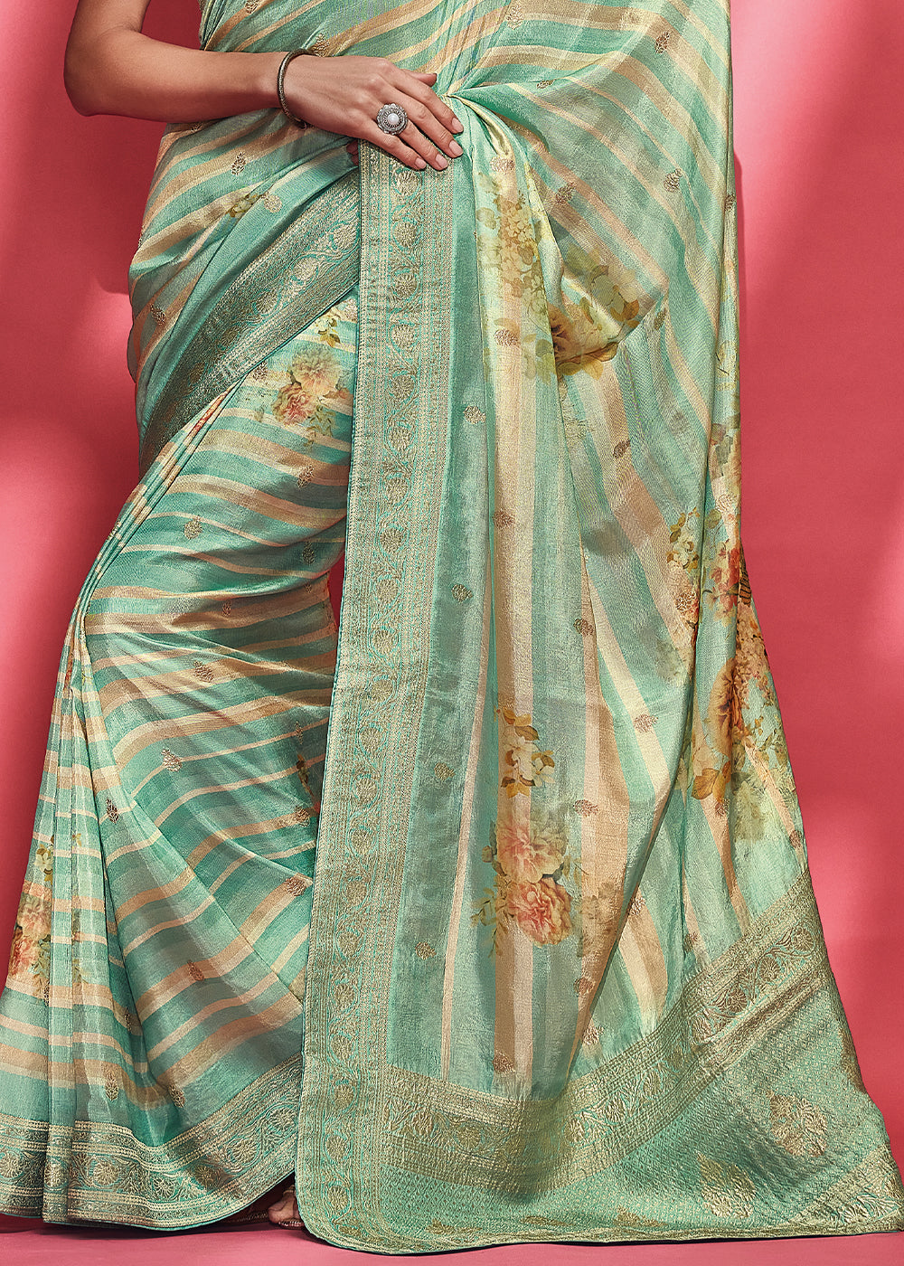 Shades Of Green Floral Printed Woven Viscose Silk Saree