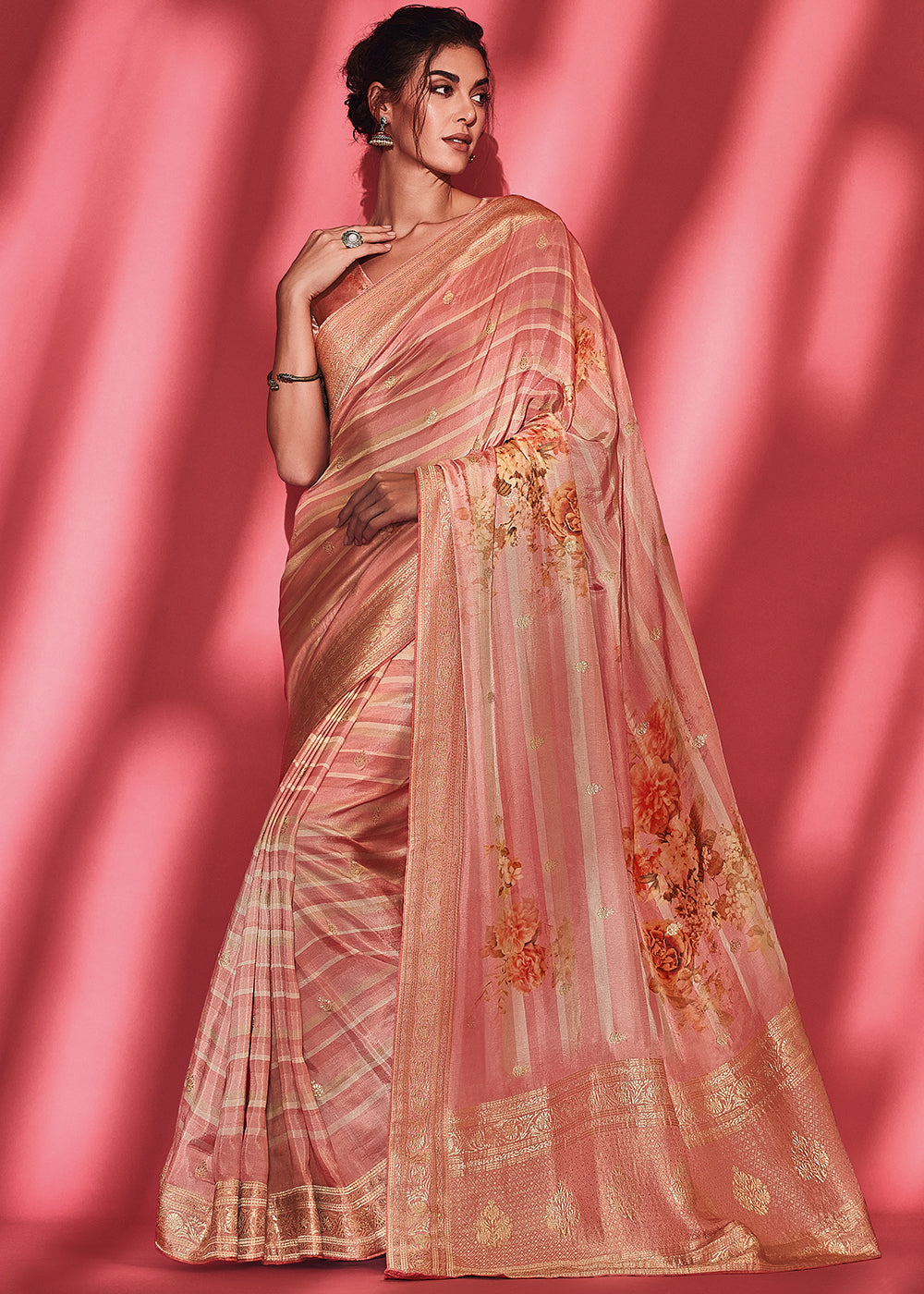 Shades Of Pink Floral Printed Woven Viscose Silk Saree
