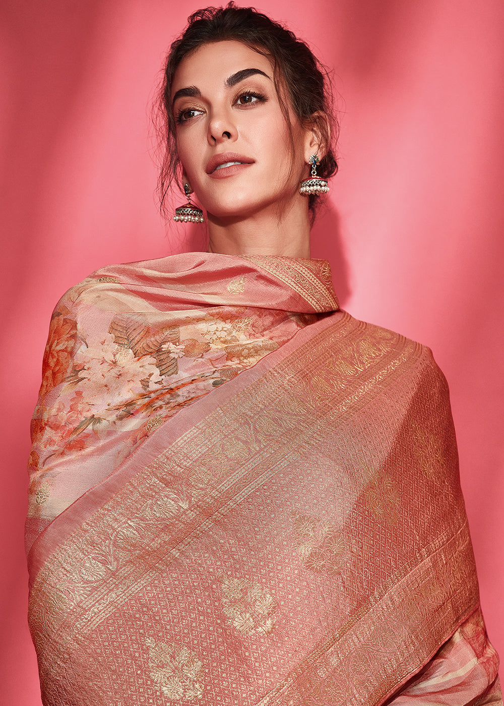 Shades Of Pink Floral Printed Woven Viscose Silk Saree