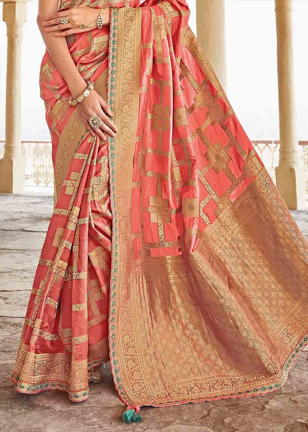 Rouge Pink Woven Banarasi Silk Saree with Embroidered Blouse