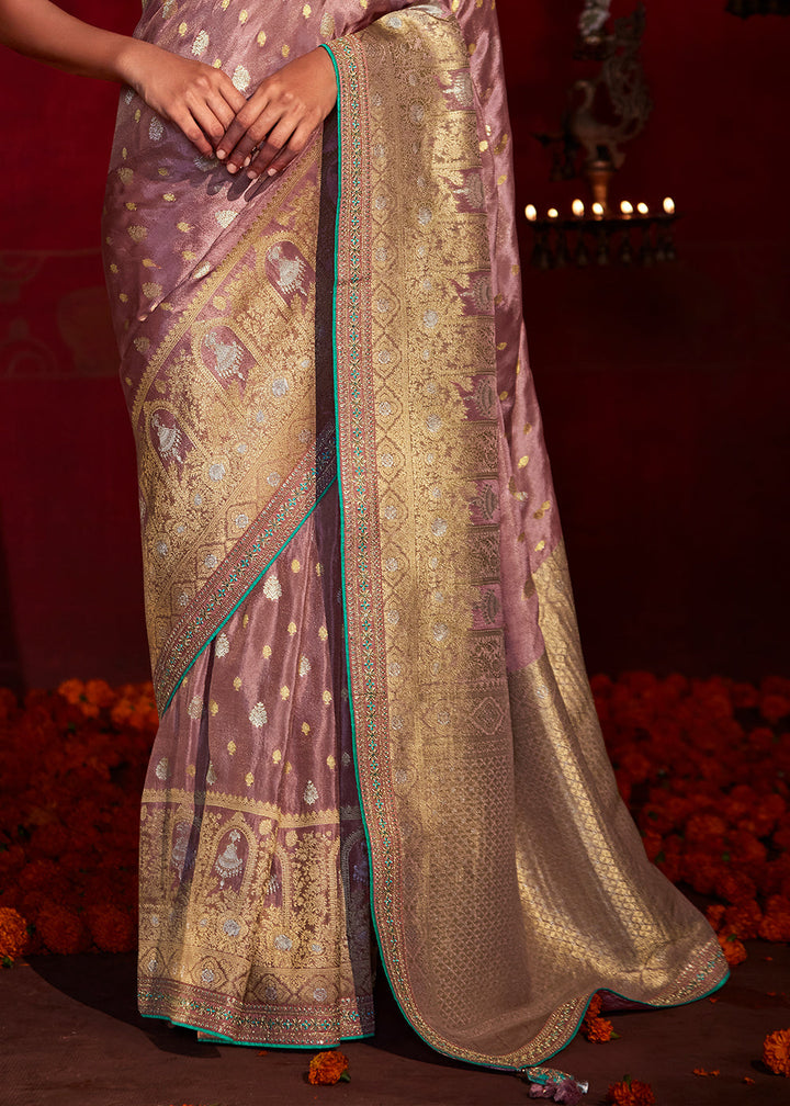 Puce Purple Zari Woven Khadi Silk Saree with Contrast Blouse