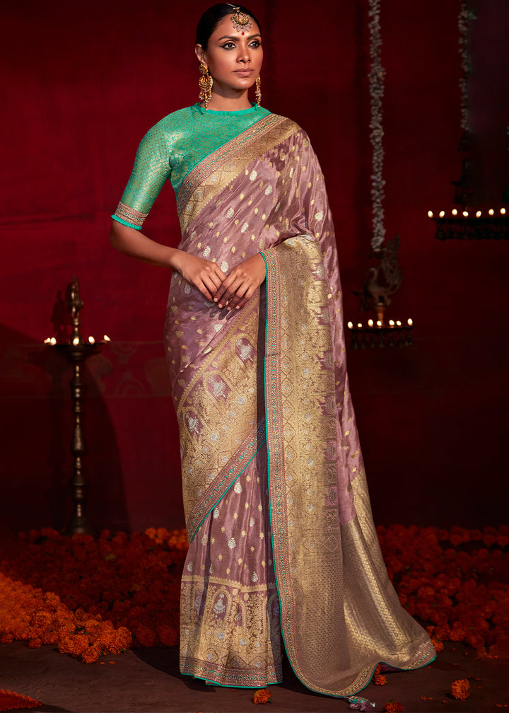 Puce Purple Zari Woven Khadi Silk Saree with Contrast Blouse