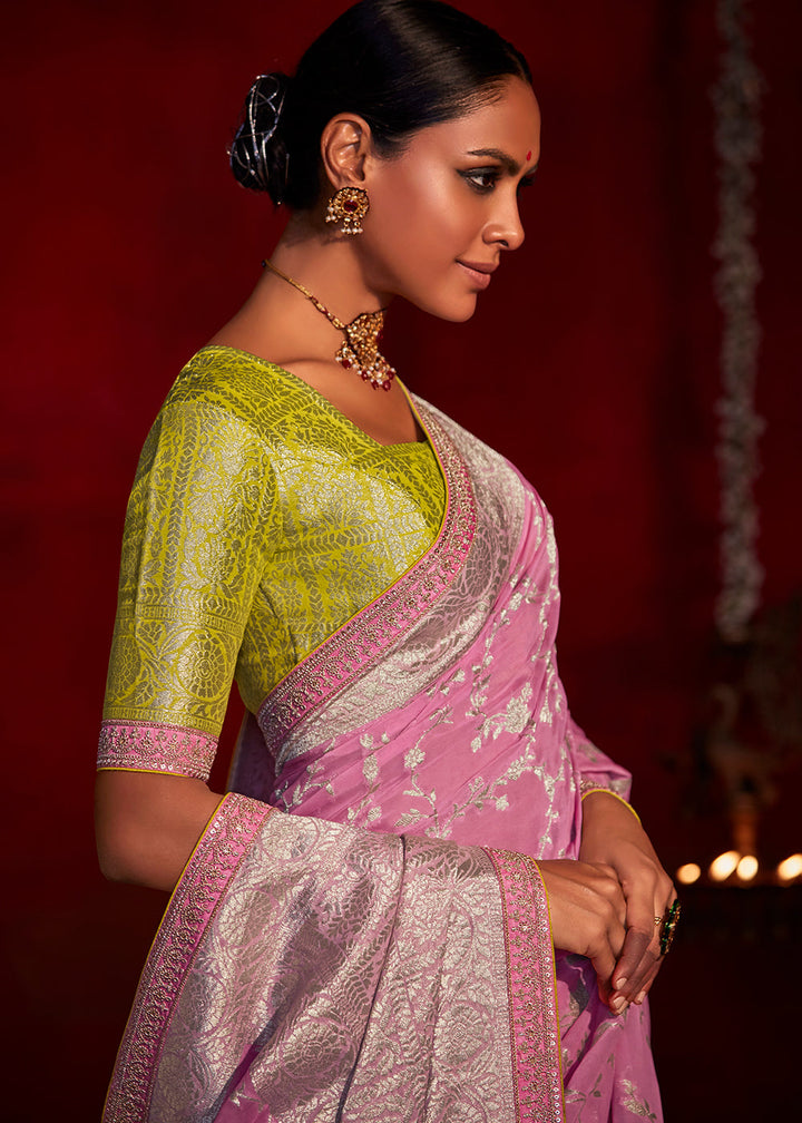 Vivid Pink Zari Woven Khadi Silk Saree with Contrast Blouse