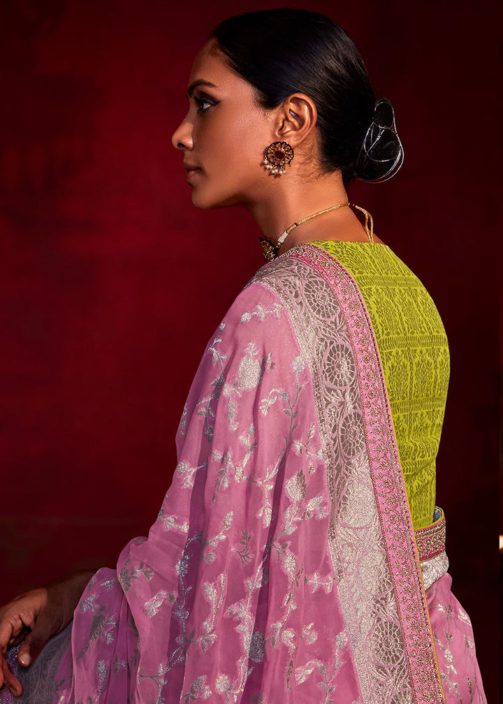 Vivid Pink Zari Woven Khadi Silk Saree with Contrast Blouse