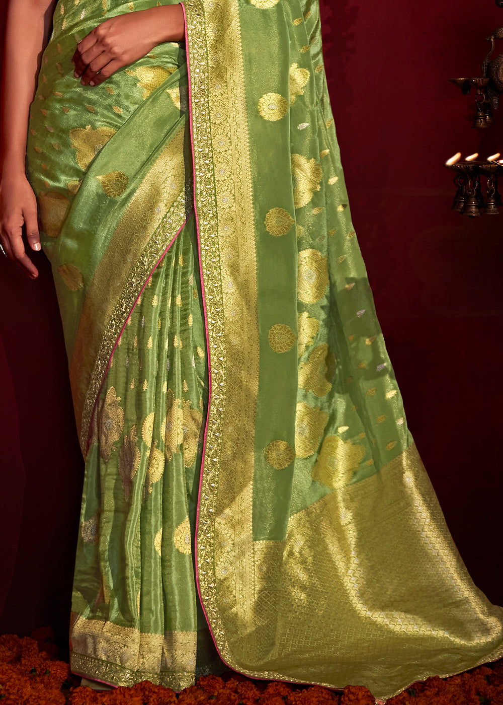 Light Green Zari Woven Khadi Silk Saree with Contrast Blouse