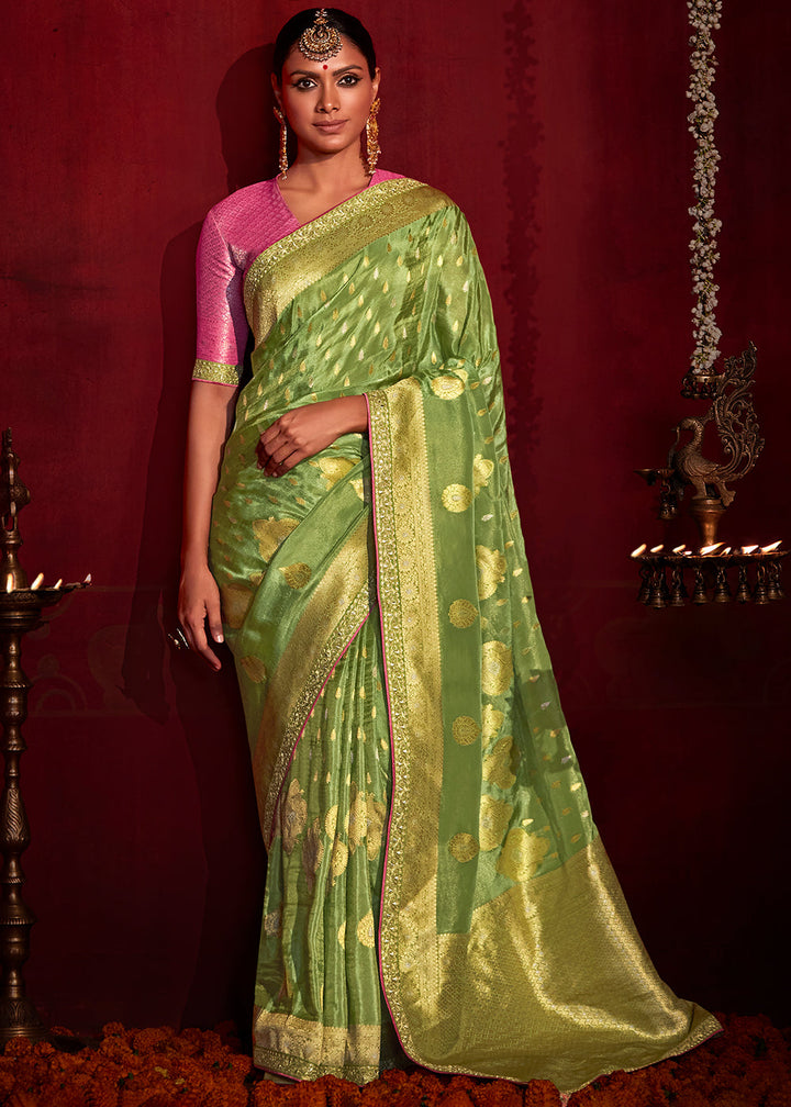 Light Green Zari Woven Khadi Silk Saree with Contrast Blouse