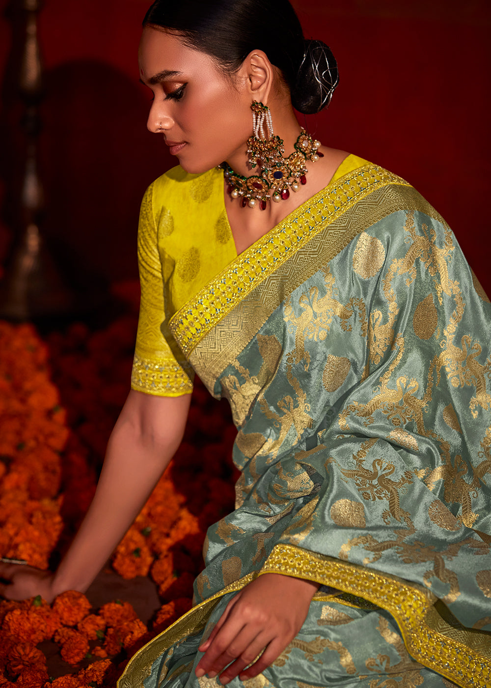 Slate Grey Zari Woven Khadi Silk Saree with Contrast Blouse