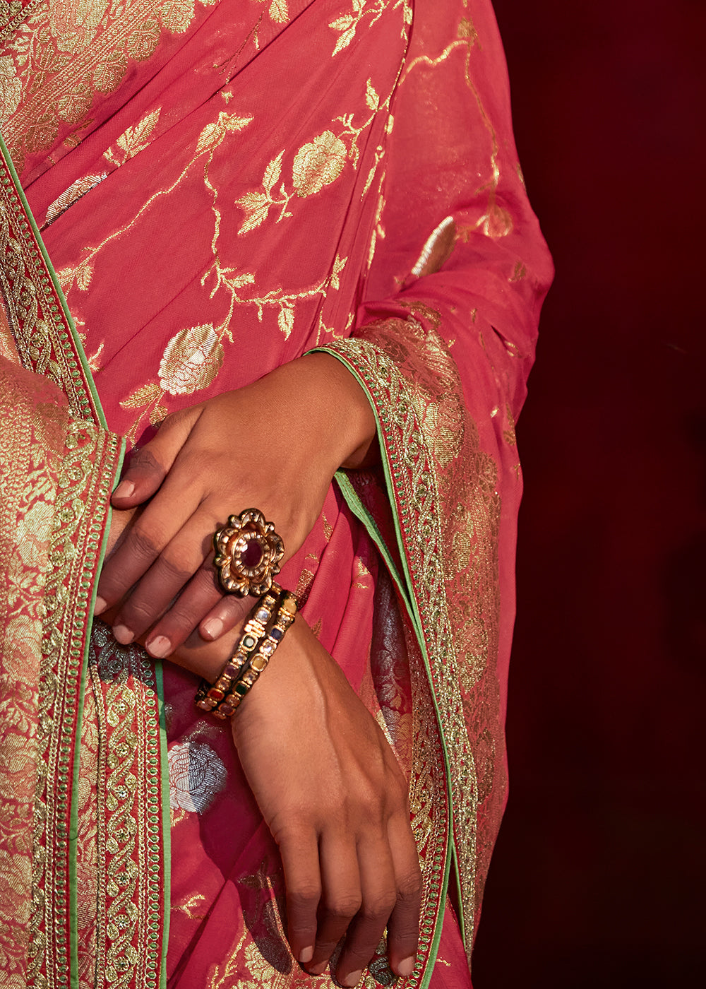 Punch Pink Zari Woven Khadi Silk Saree with Contrast Blouse