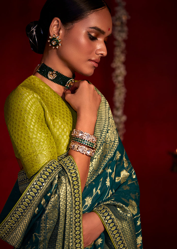 Arabian Green Zari Woven Khadi Silk Saree with Contrast Blouse