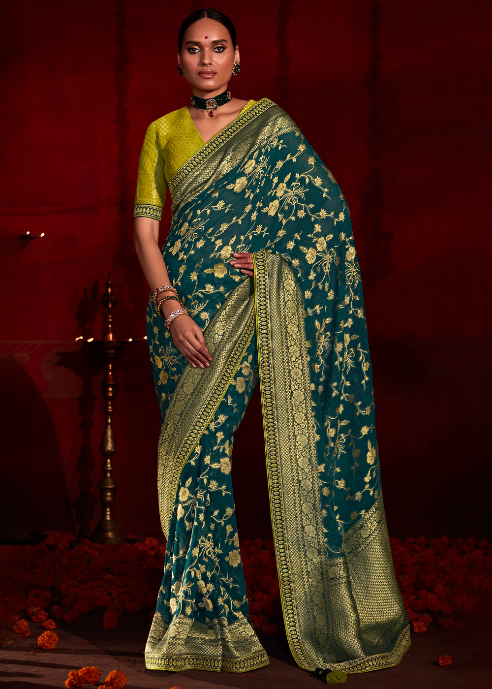 Arabian Green Zari Woven Khadi Silk Saree with Contrast Blouse