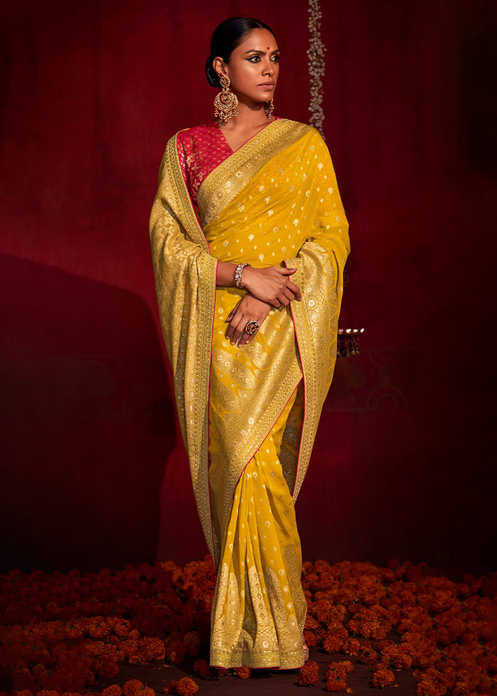 Canary Yellow Zari Woven Khadi Silk Saree with Contrast Blouse
