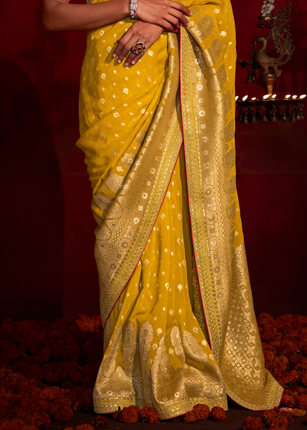 Canary Yellow Zari Woven Khadi Silk Saree with Contrast Blouse
