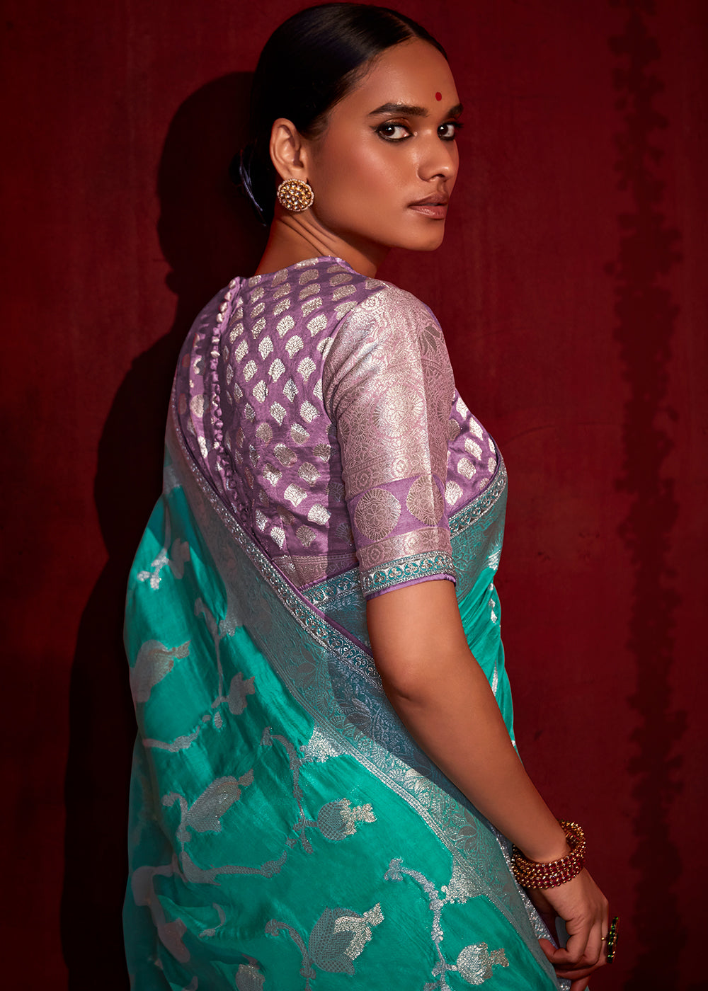 Turquoise Blue Zari Woven Khadi Silk Saree with Contrast Blouse