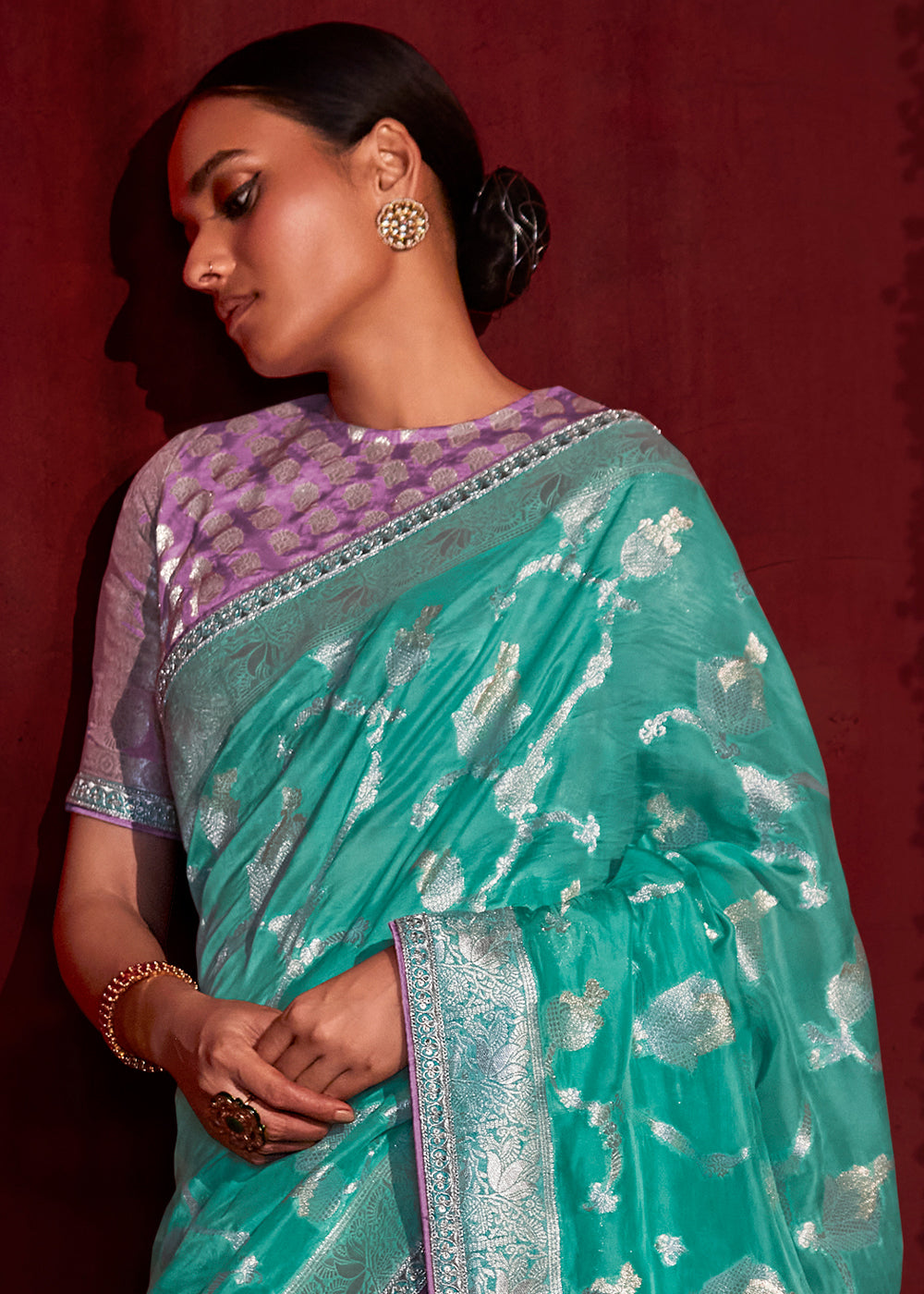 Turquoise Blue Zari Woven Khadi Silk Saree with Contrast Blouse
