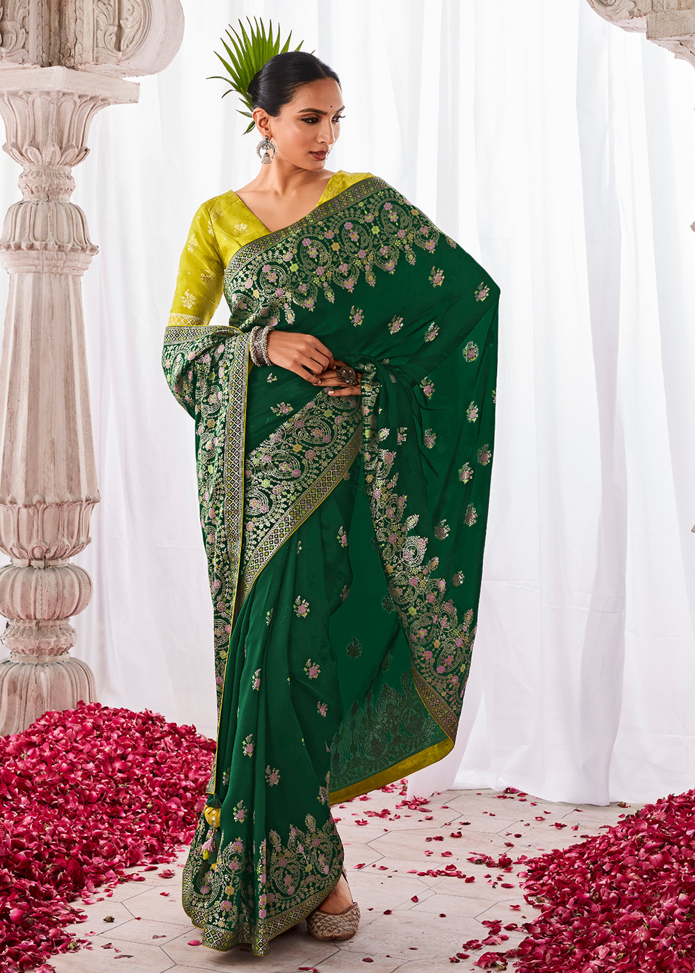 Castleton Green Kora Silk Saree with Meenakari Pallu & Designer Blouse