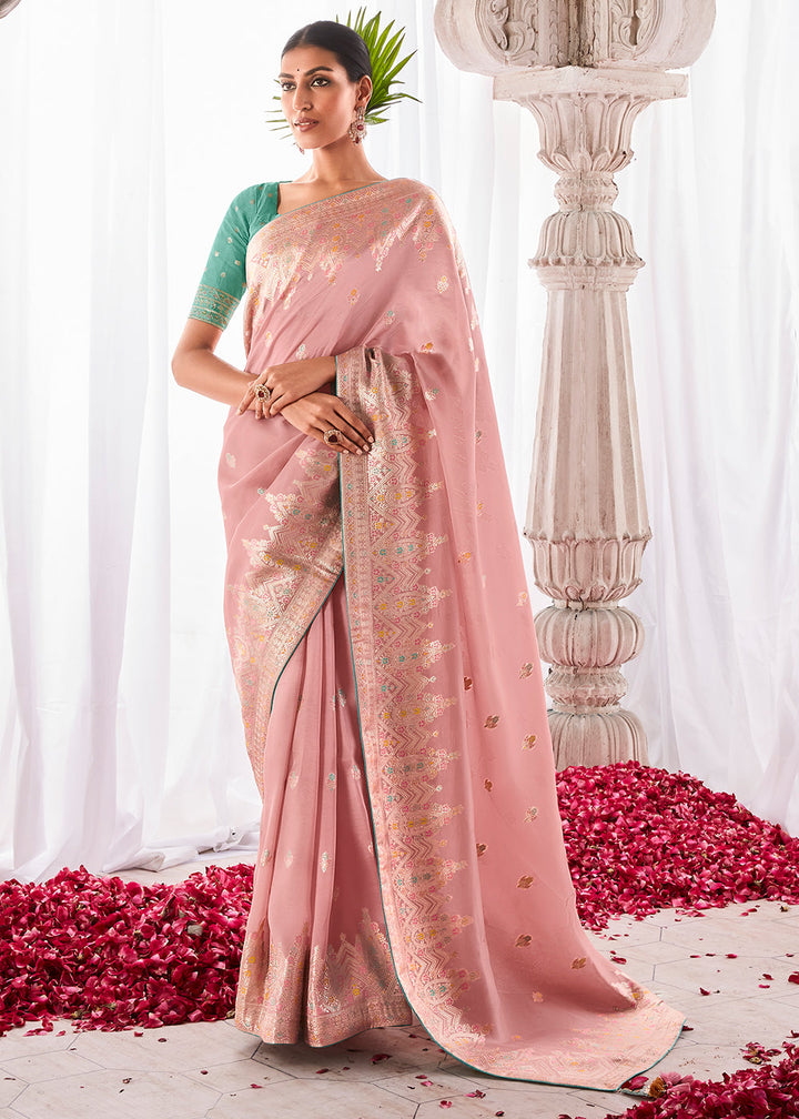 Crepe Pink Kora Silk Saree with Meenakari Pallu & Designer Blouse